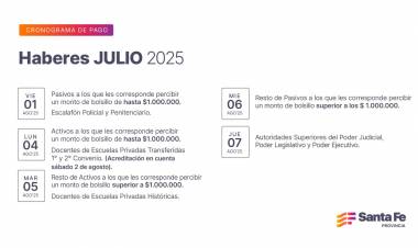 Cronograma de pago de haberes de julio a trabajadores provinciales