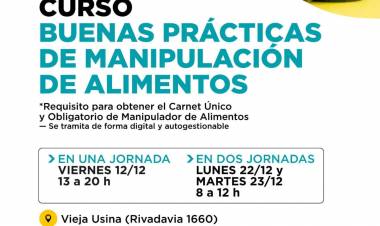 La Municipalidad abre nuevas inscripciones para el Curso de Buenas Prácticas de Manipulación de Alimentos