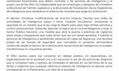 Provincias Unidas, Coalición Cívica y Encuentro Federal rechazan el DNU que reforma la Ley de Inteligencia y exigen restablecer el control parlamentario