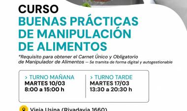 La Municipalidad informa que se encuentran abiertas las inscripciones para el curso de Buenas Prácticas de Manipulación de Alimentos