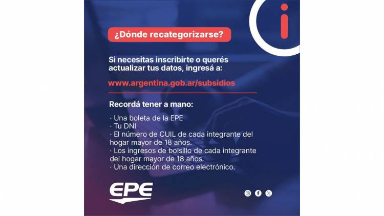 La EPE informa que está vigente el Plan de recategorización de usuarios residenciales de energía eléctrica