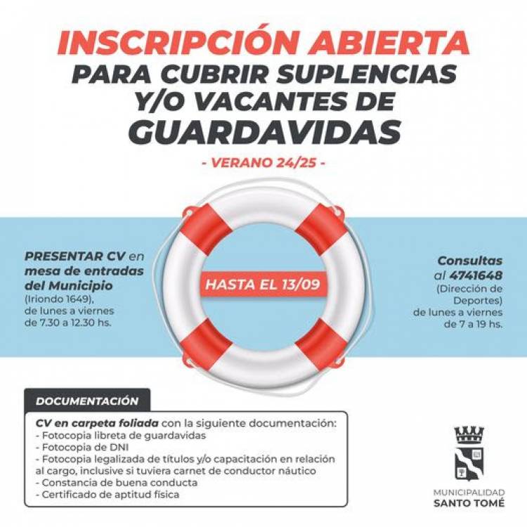 Inscripción abierta para cubrir cargos de guardavidas durante la temporada 2024-2025