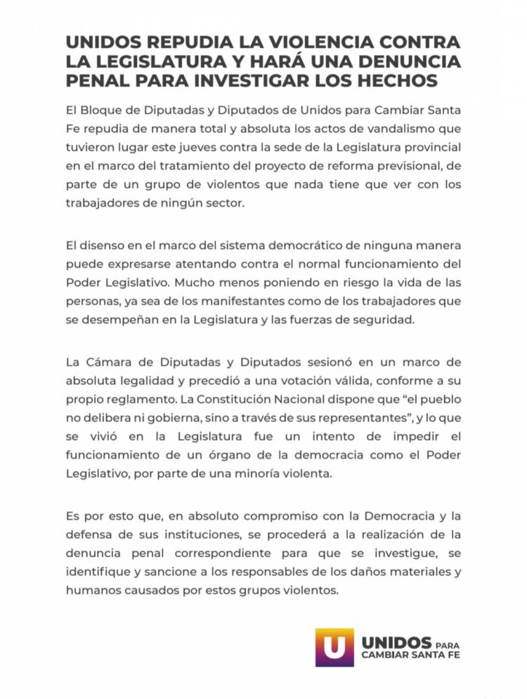 Unidos repudió la violencia en la Legislatura