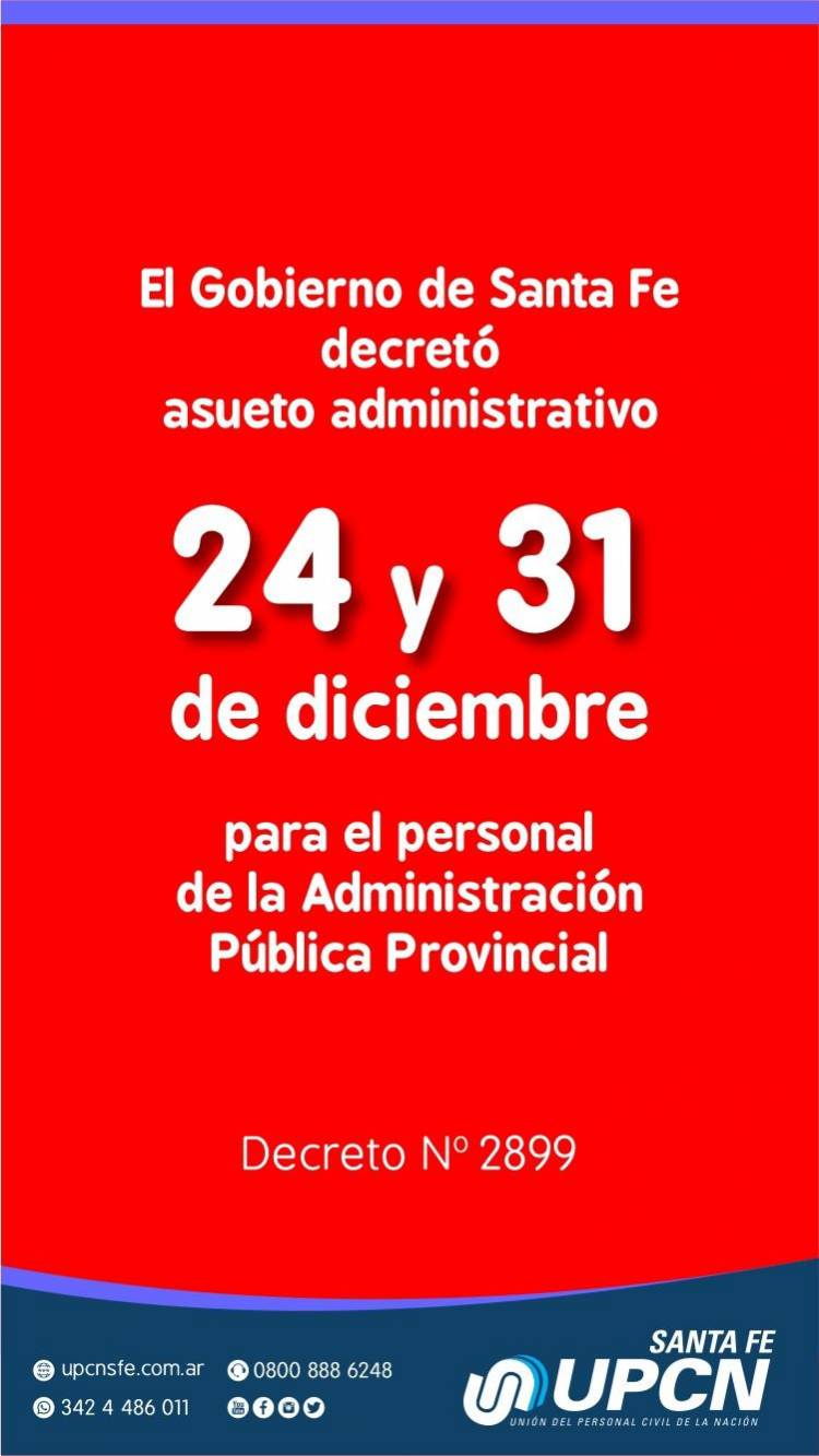 Provincia decretó asueto en la Administración Pública para los días 24 y 31 de diciembre