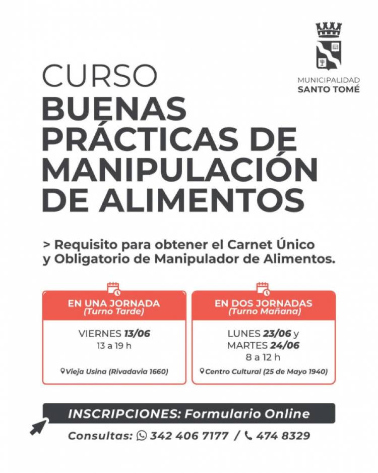 Nuevo Curso de Manipulación de Alimentos: inscripción abierta