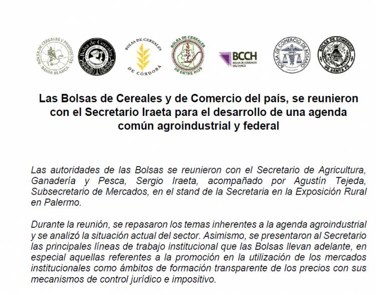 Las Bolsas de Cereales y de Comercio del país, se reunieron con el Secretario Iraeta para el desarrollo de una agenda común agroindustrial y federal