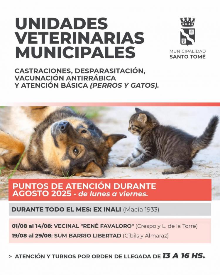 Municipalidad de Santo Tomé informa el cronograma de atención de las Unidades Veterinarias Municipales para el mes de agosto