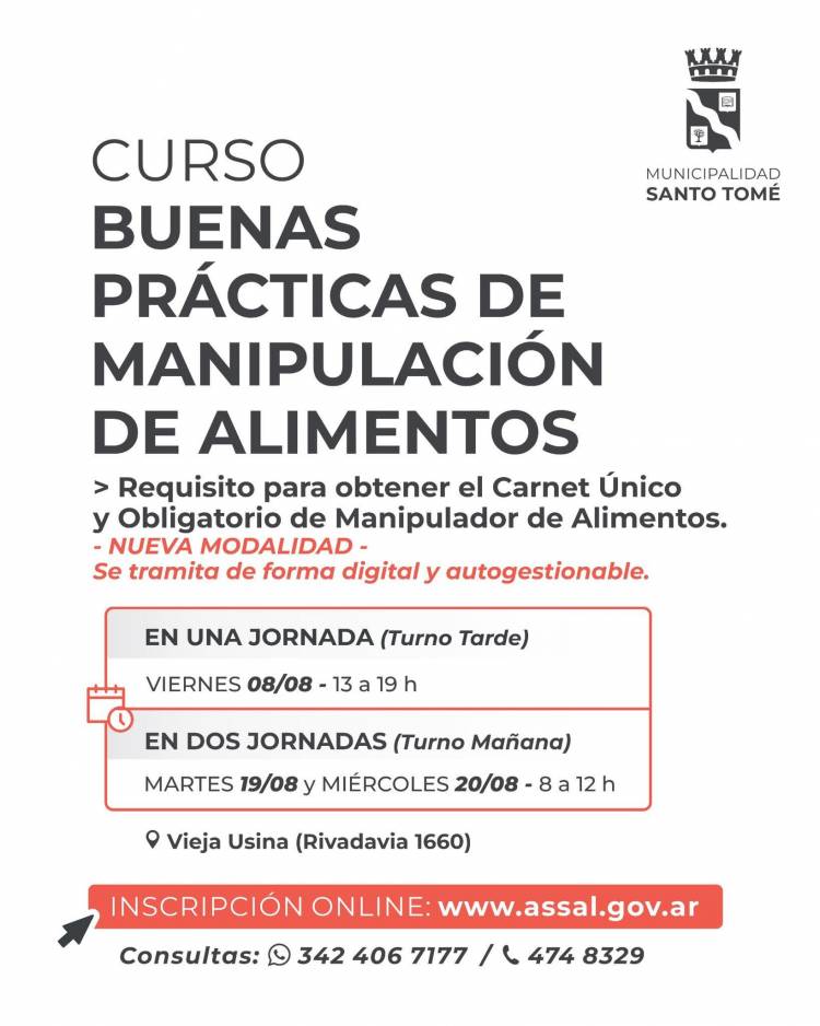 La Municipalidad abre la inscripción al curso de Manipulación de Alimentos