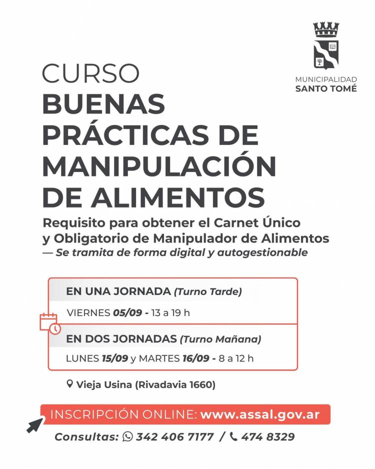 La Municipalidad abre la inscripción al curso de Manipulación de Alimentos