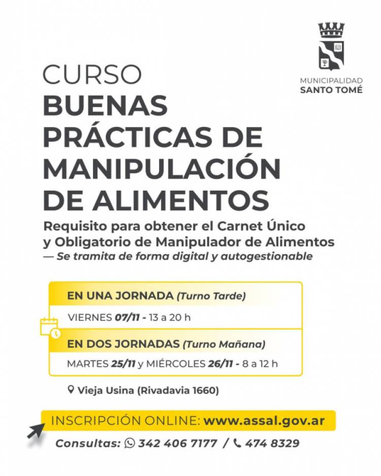 La Municipalidad abre la inscripción al curso de Manipulación de Alimentos
