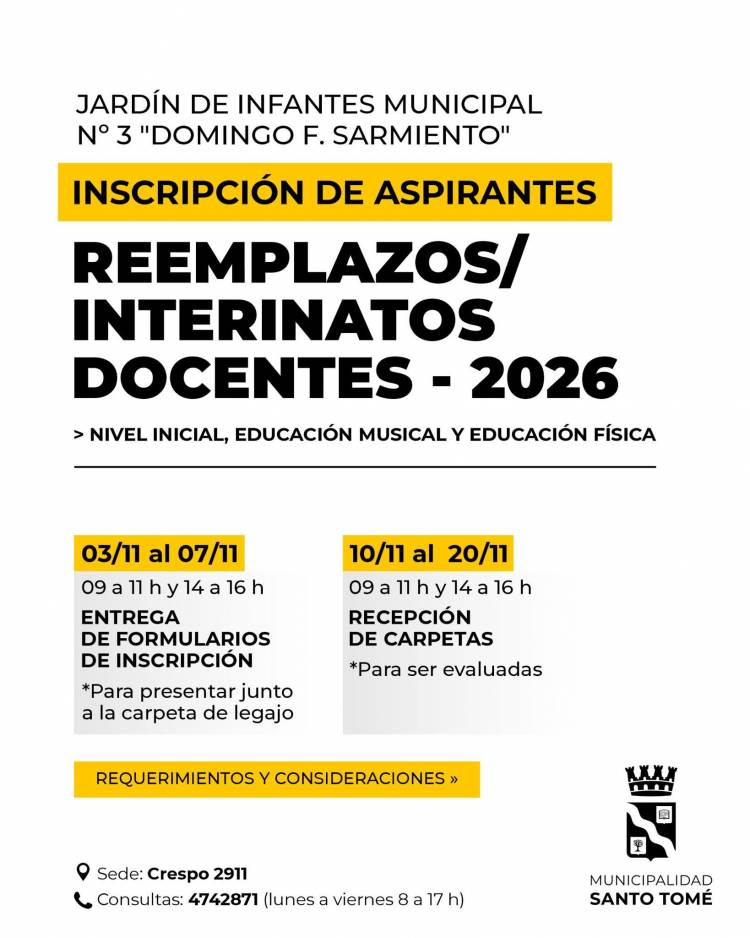 Jardín Municipal: Apertura de inscripciones para reemplazos e interinatos docentes 2026