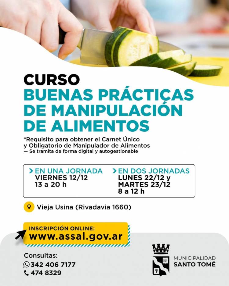 La Municipalidad abre nuevas inscripciones para el Curso de Buenas Prácticas de Manipulación de Alimentos