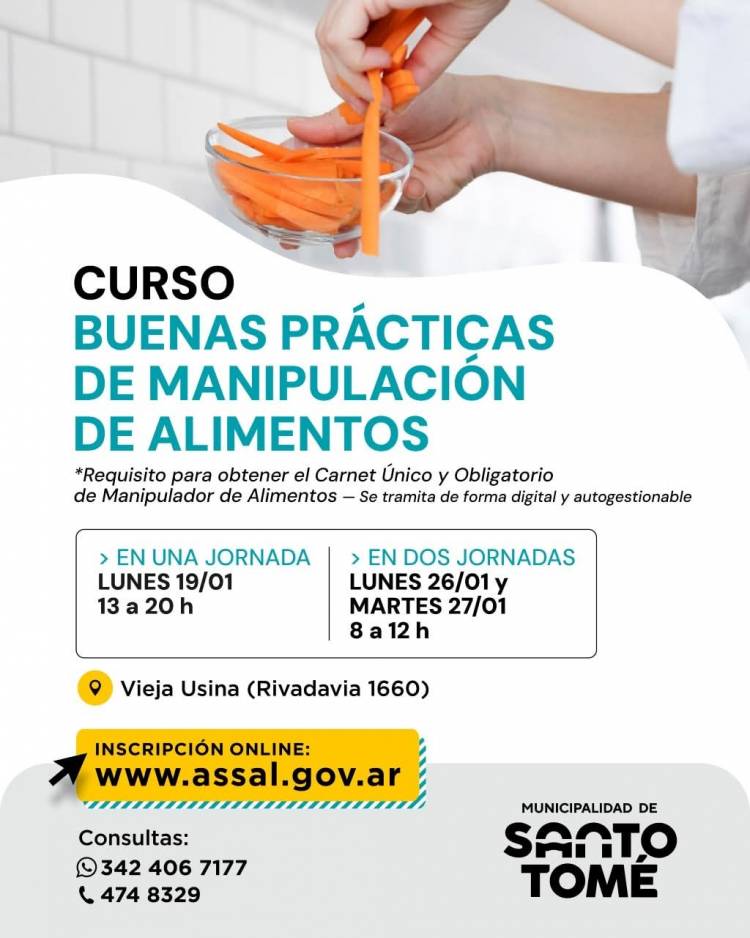 La Municipalidad abre las inscripciones al curso de Manipulación de Alimentos
