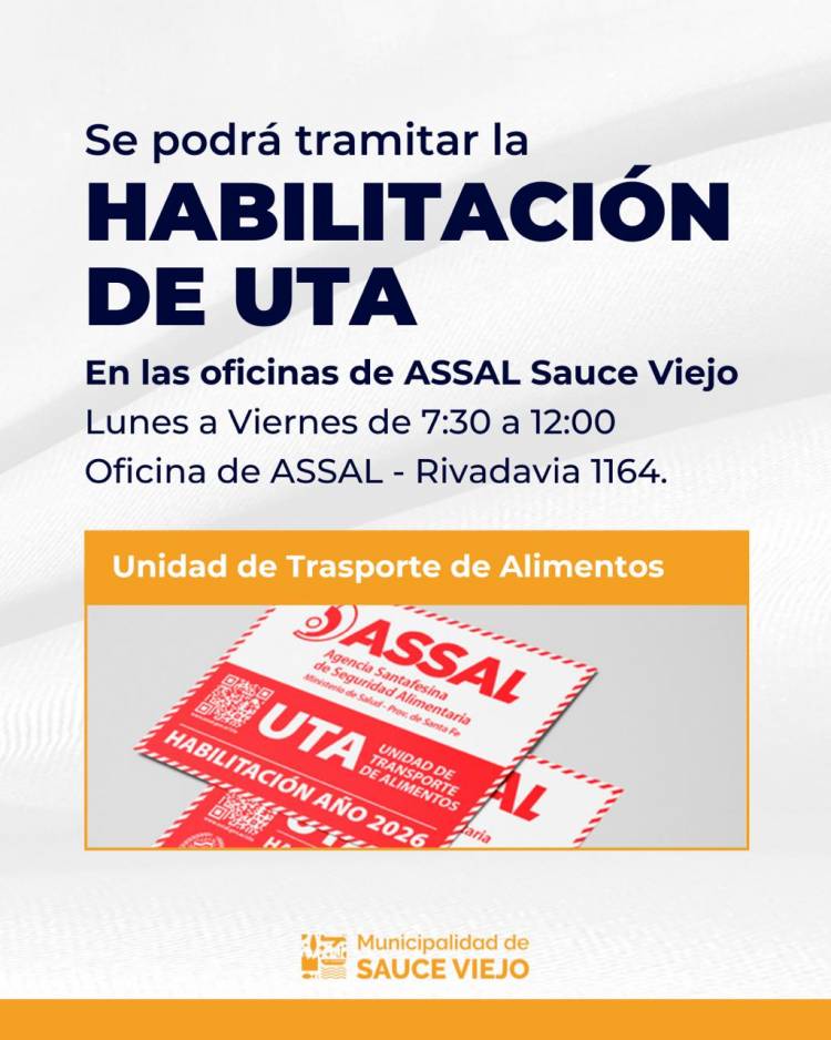 En Sauce Viejo, Assal local realizará trámites del registro UTA 2026
