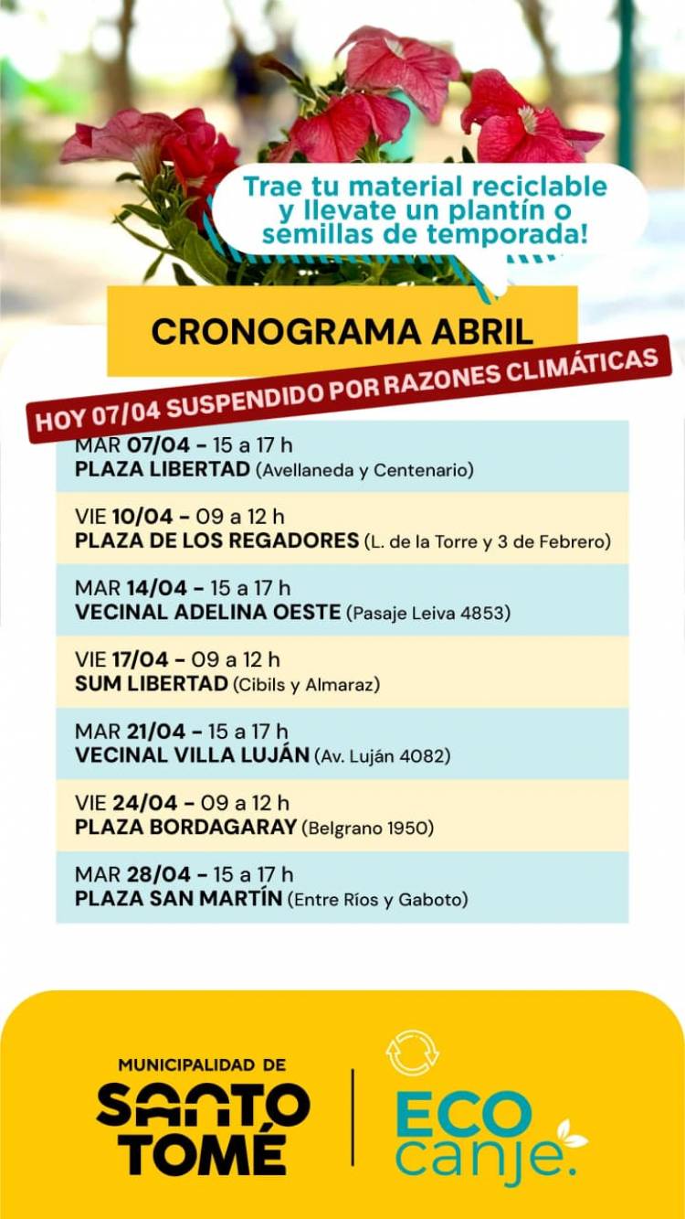 La Municipalidad informa el cronograma de Eco Canje correspondiente a abril