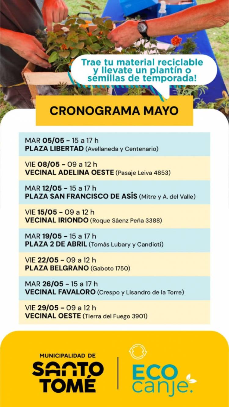 La Municipalidad informa el cronograma de EcoCanje para el mes de mayo