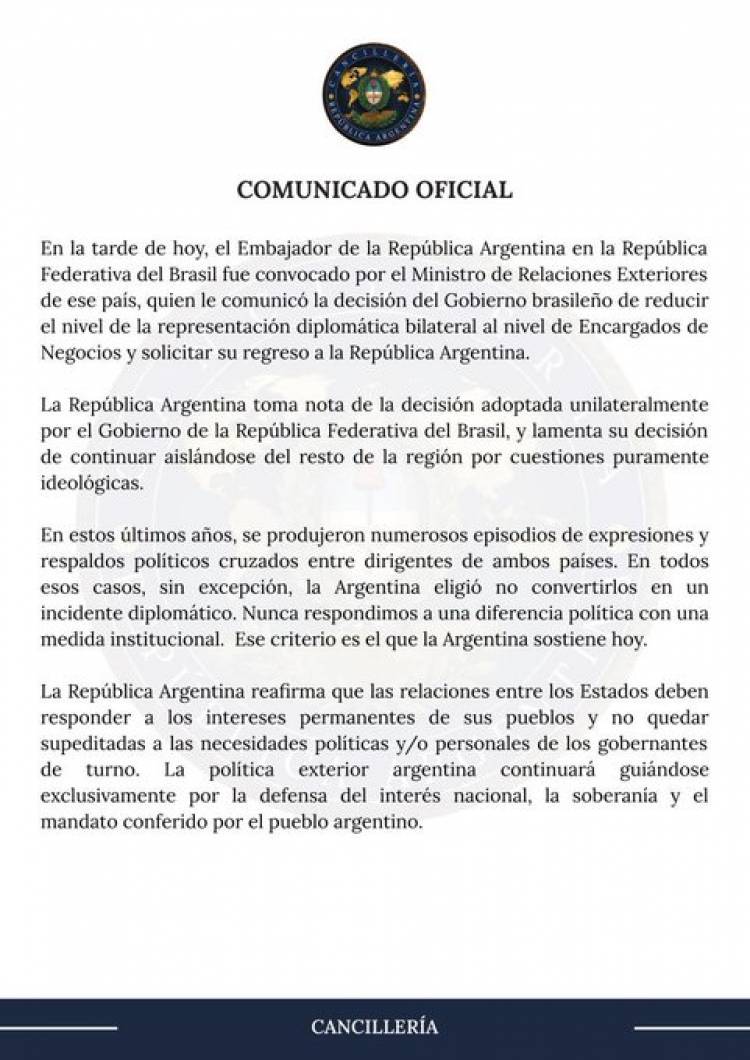 La dura respuesta de Argentina a Brasil tras la rebaja de la relación diplomática