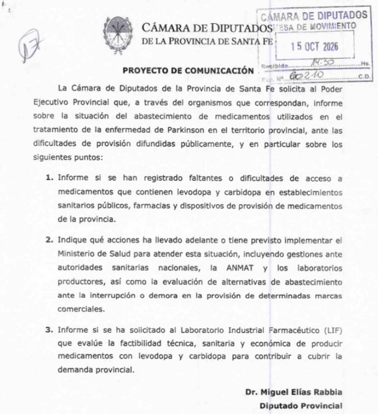 Rabbia reclamó medidas urgentes ante la falta de medicación para pacientes con Parkinson